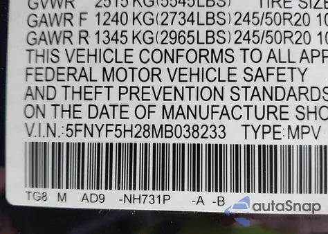 2021 Honda Pilot 2Wd Special Edition из США, поврежденный, VIN 5FNYF5H28MB038233